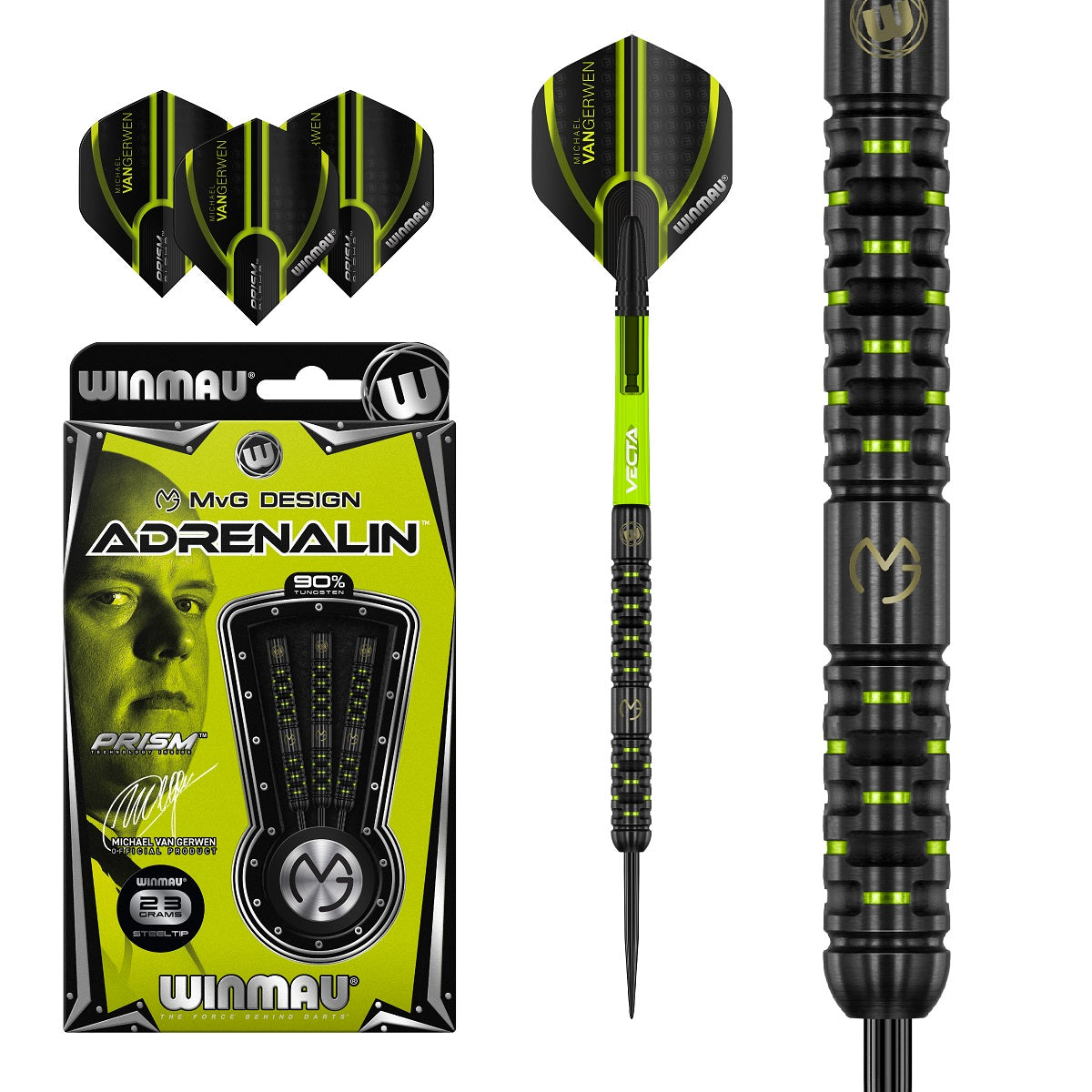 Michael Van Gerwen MVG Adrenalin Steel Tip Darts main product image showing the darts, packaging, flights, shafts, and included accessories