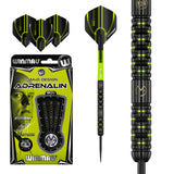 Michael Van Gerwen MVG Adrenalin Steel Tip Darts main product image showing the darts, packaging, flights, shafts, and included accessories