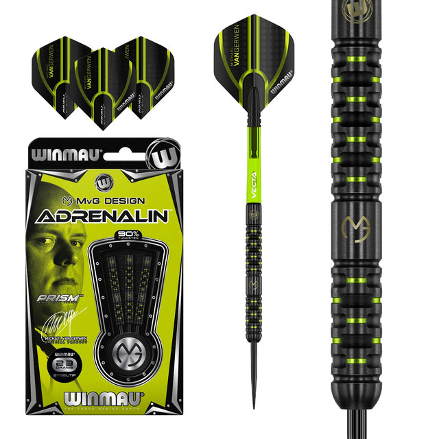 Michael Van Gerwen MVG Adrenalin Steel Tip Darts main product image showing the darts, packaging, flights, shafts, and included accessories