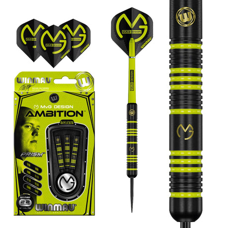 Michael Van Gerwen MVG Ambition Black Brass Steel Tip Darts main product image showing the darts, packaging, flights, shafts, and included accessories