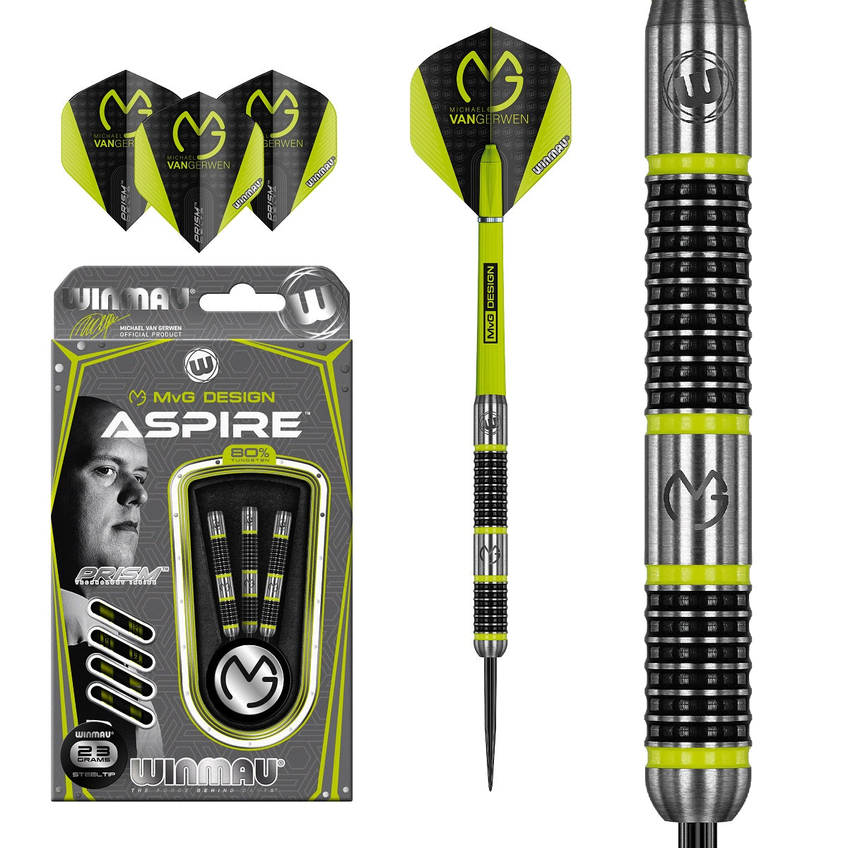 Michael Van Gerwen MVG Aspire Steel Tip Darts main product image showing the darts, packaging, flights, shafts, and included accessories