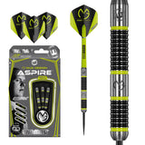 Michael Van Gerwen MVG Aspire Steel Tip Darts main product image showing the darts, packaging, flights, shafts, and included accessories