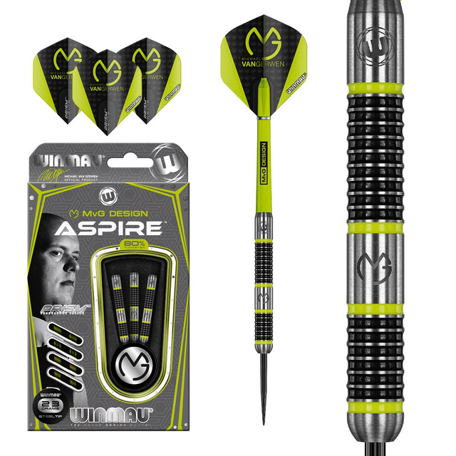 Michael Van Gerwen MVG Aspire Steel Tip Darts main product image showing the darts, packaging, flights, shafts, and included accessories
