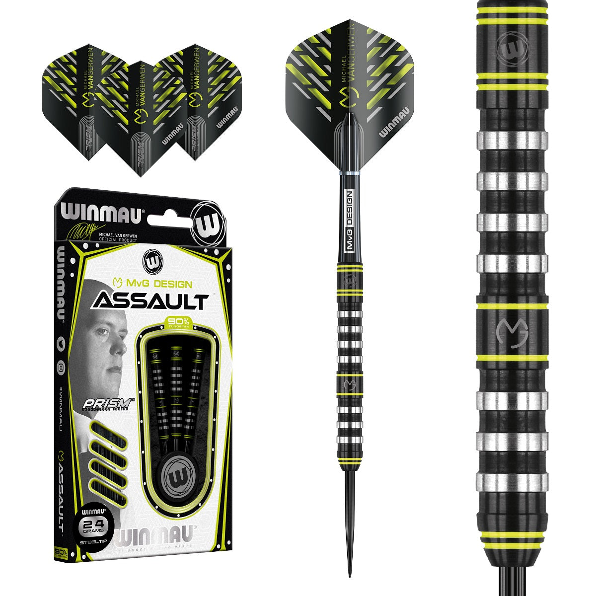 Michael Van Gerwen MVG Assault Steel Tip Darts main product image showing the darts, packaging, flights, shafts, and included accessories