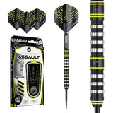 Michael Van Gerwen MVG Assault Steel Tip Darts main product image showing the darts, packaging, flights, shafts, and included accessories