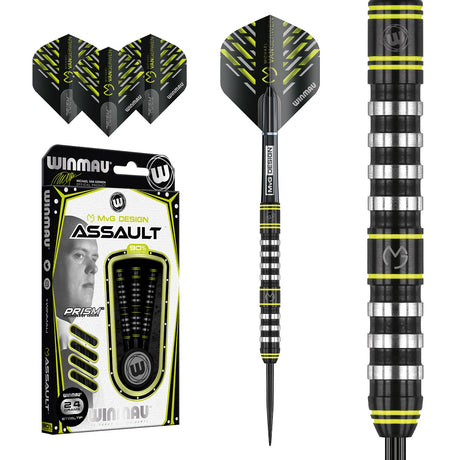 Michael Van Gerwen MVG Assault Steel Tip Darts main product image showing the darts, packaging, flights, shafts, and included accessories