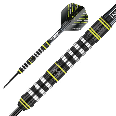 Michael Van Gerwen MVG Assault Steel Tip Darts close up image showing detailed grip patterns, machining, coating, and precision craftsmanship