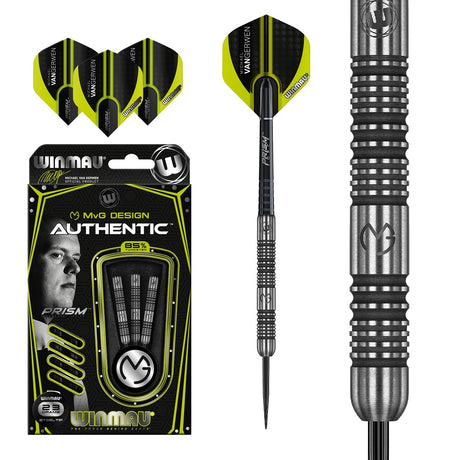 Michael Van Gerwen MVG Authentic Steel Tip Darts main product image showing the darts, packaging, flights, shafts, and included accessories