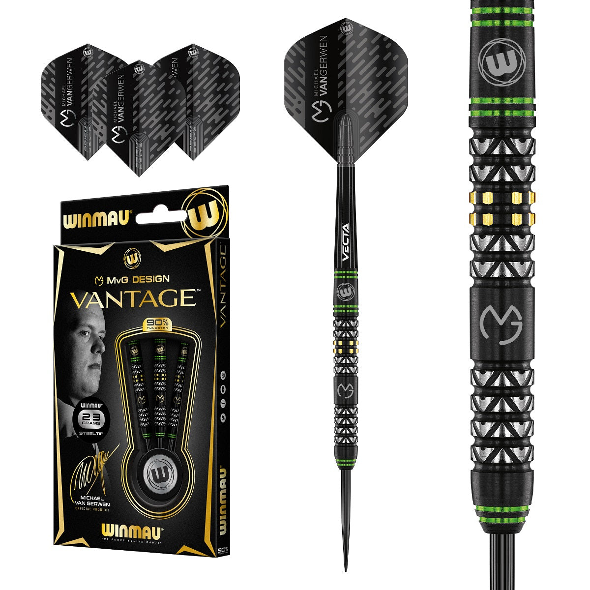 Michael Van Gerwen MVG Vantage Steel Tip Darts main product image showing the darts, packaging, flights, shafts, and included accessories