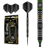 Michael Van Gerwen MVG Vantage Steel Tip Darts main product image showing the darts, packaging, flights, shafts, and included accessories
