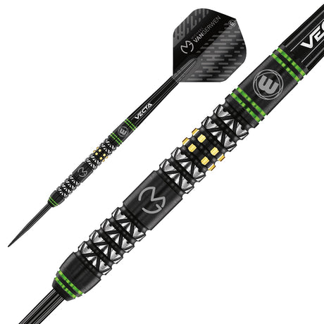 Michael Van Gerwen MVG Vantage Steel Tip Darts close up image showing detailed grip patterns, machining, coating, and precision craftsmanship