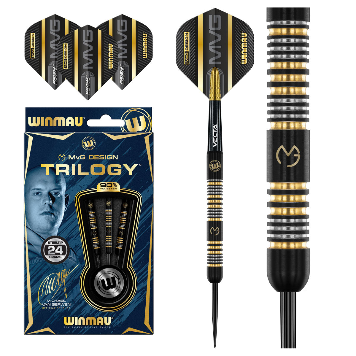 MVG Trilogy Steel Tip Darts main product image showing the darts, packaging, flights, shafts, and included accessories