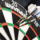 Winmau Polaris 120 Dartboard Light image showing the lighting system in use with darts thrown into the dartboard and ready for play