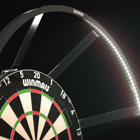Winmau Polaris 120 Dartboard Light lifestyle image showing the lighting system installed in a real world darts setup and ready for play