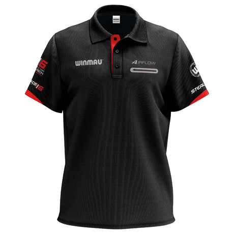 Winmau Pro Line Polo Blade 6 Dart Shirt front view image showing the complete shirt design, colours, and sponsor branding