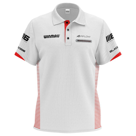 Winmau Pro Line Polo White Dart Shirt front view image showing the complete shirt design, colours, and sponsor branding