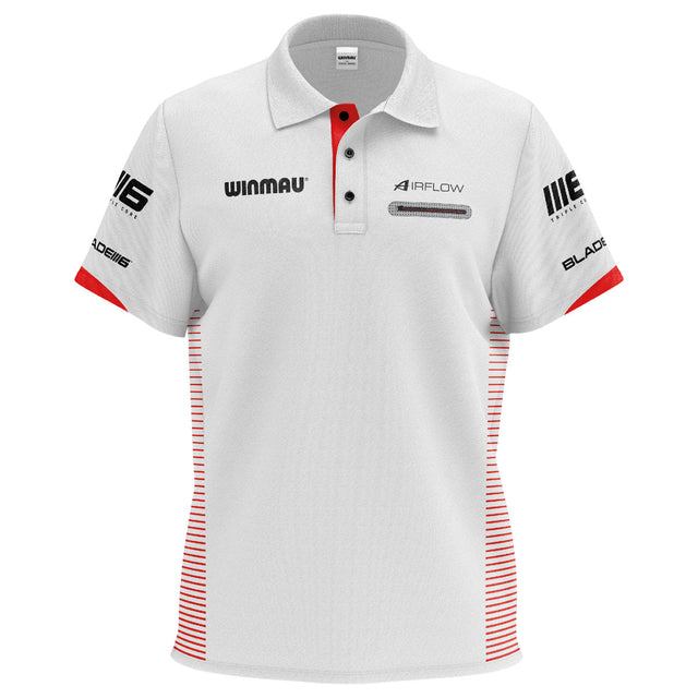 Winmau Pro Line Polo White Dart Shirt front view image showing the complete shirt design, colours, and sponsor branding