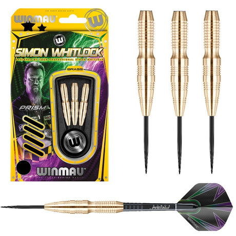 Simon Whitlock Brass Steel Tip Darts main product image showing the darts, packaging, flights, shafts, and included accessories