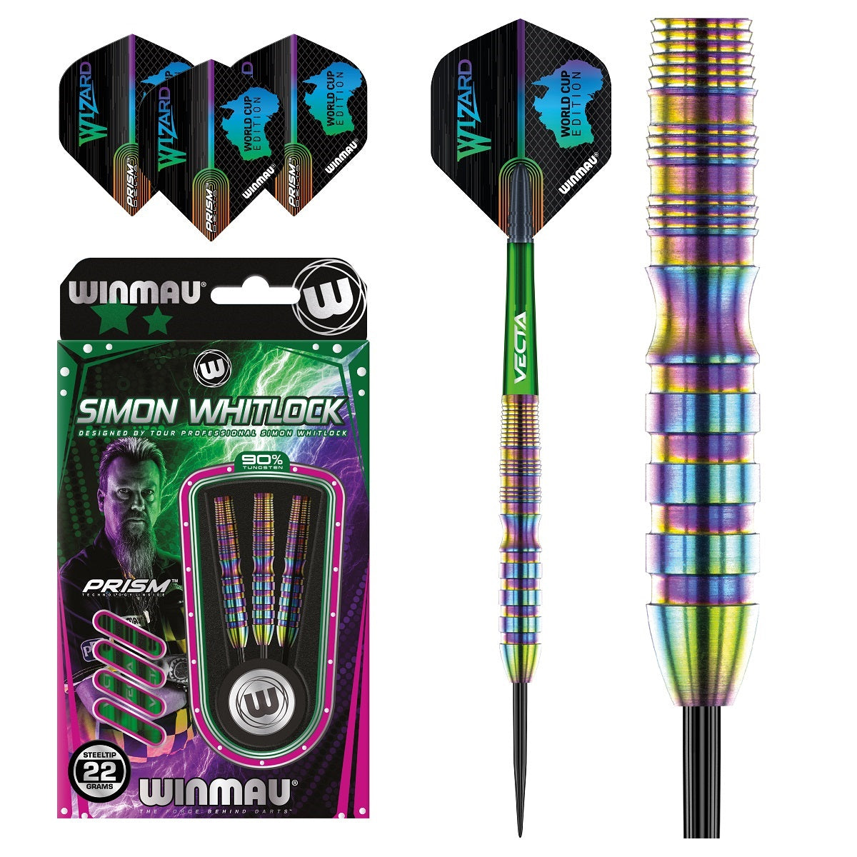 Simon Whitlock World Cup Rainbow SE Edition Steel Tip Darts main product image showing the darts, packaging, flights, shafts, and included accessories