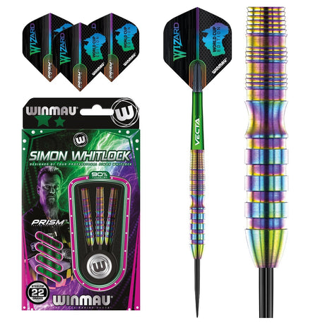 Simon Whitlock World Cup Rainbow SE Edition Steel Tip Darts main product image showing the darts, packaging, flights, shafts, and included accessories