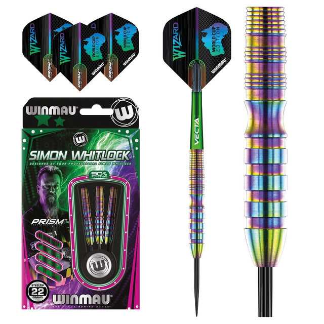 Simon Whitlock World Cup Rainbow SE Edition Steel Tip Darts main product image showing the darts, packaging, flights, shafts, and included accessories