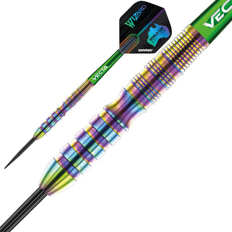 Simon Whitlock World Cup Rainbow SE Edition Steel Tip Darts close up image showing detailed grip patterns, machining, coating, and precision craftsmanship