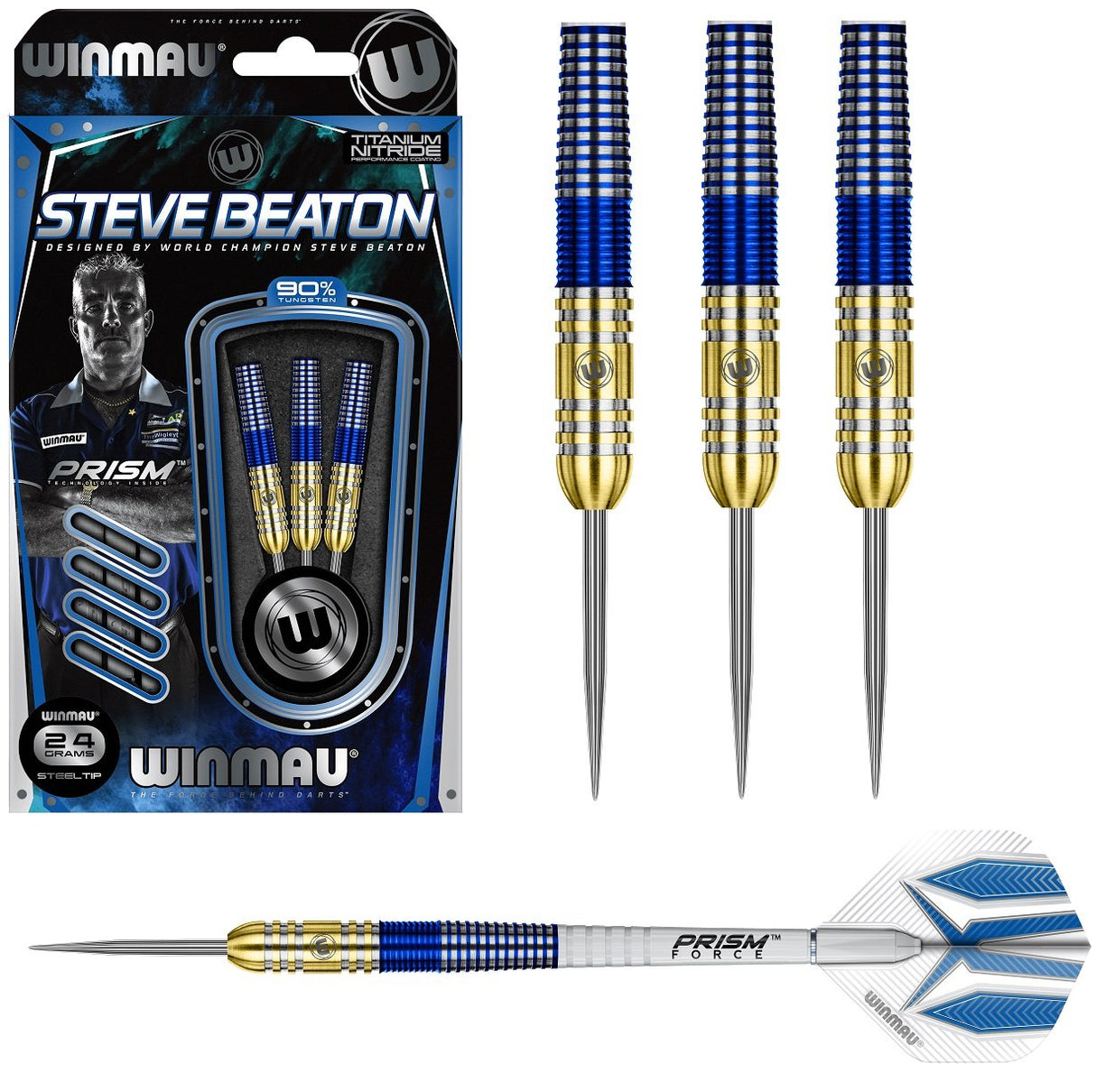 Steve Beaton Steel Tip Darts main product image showing the darts, packaging, flights, shafts, and included accessories