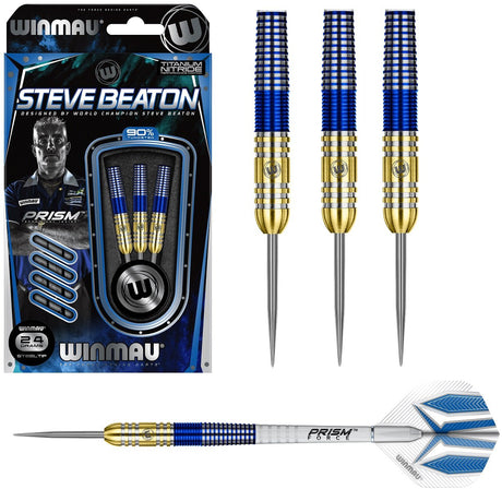 Steve Beaton Steel Tip Darts main product image showing the darts, packaging, flights, shafts, and included accessories