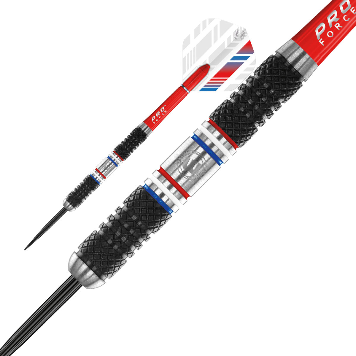 Thibault Tricole Steel Tip Darts close up image showing detailed grip patterns, machining, coating, and precision craftsmanship