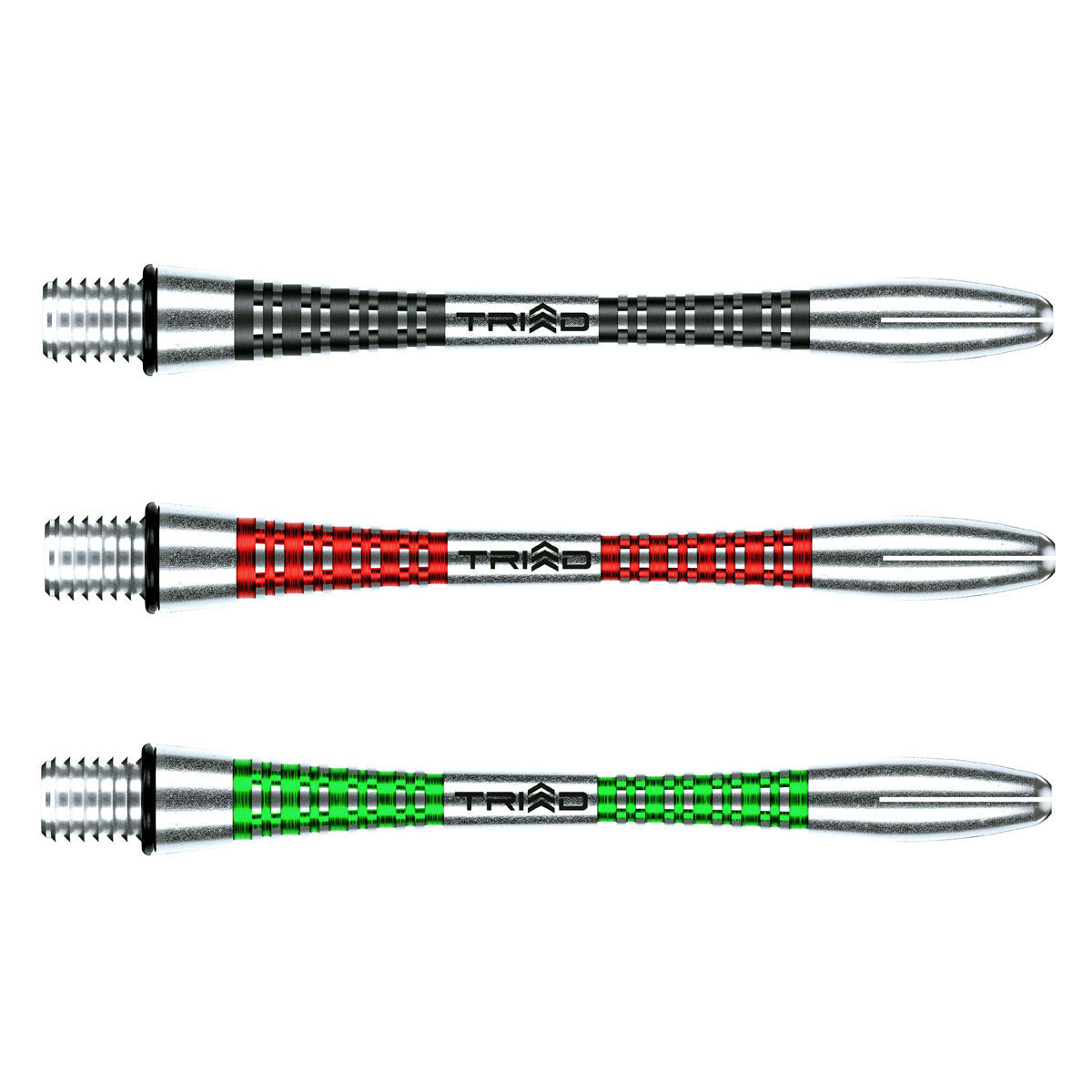 Triad Aluminium Dart Stems black green and red main product image showing the stems, packaging, and included contents