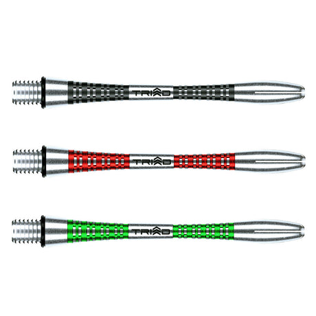 Triad Aluminium Dart Stems black green and red main product image showing the stems, packaging, and included contents