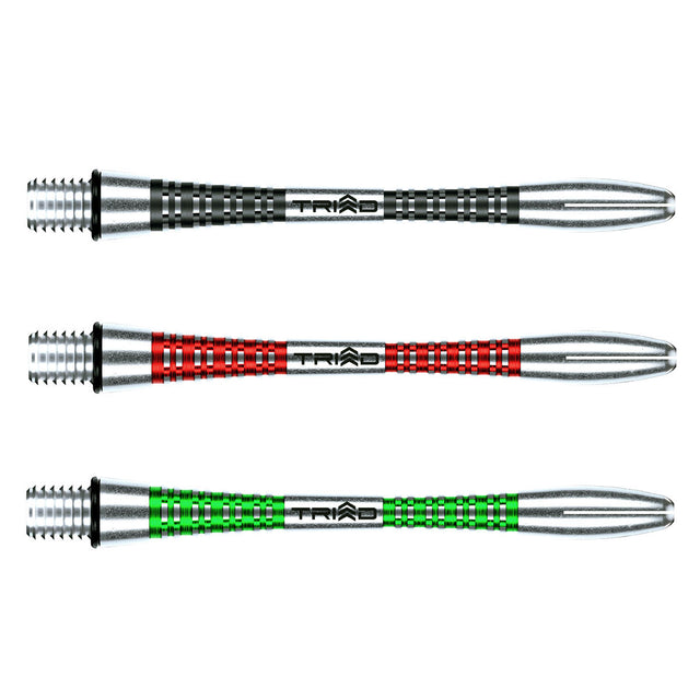 Triad Aluminium Dart Stems black green and red main product image showing the stems, packaging, and included contents