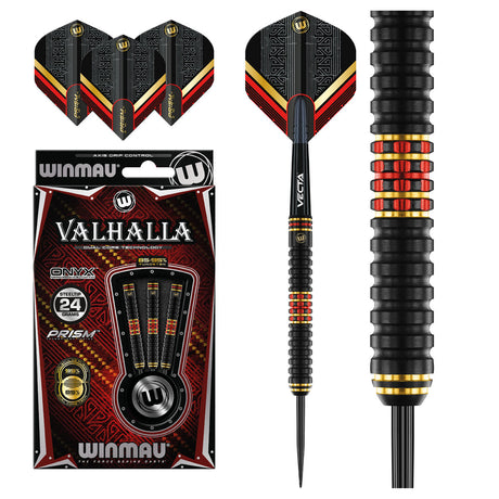 Valhalla Dual Core Steel Tip Darts main product image showing the darts, packaging, flights, shafts, and included accessories