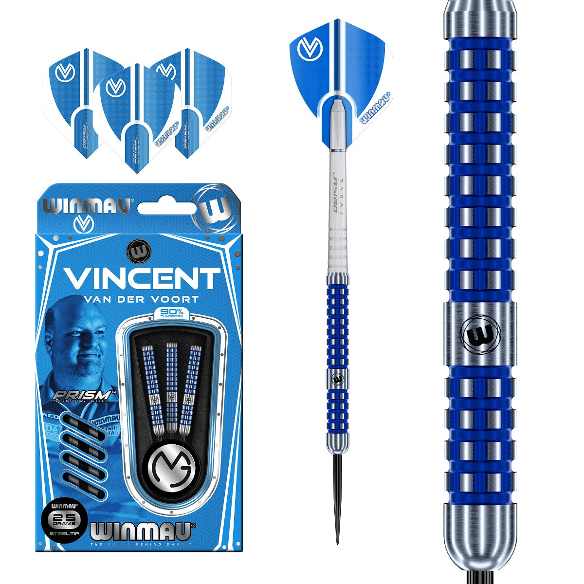 Vincent Van Der Voort Steel Tip Darts main product image showing the darts, packaging, flights, shafts, and included accessories